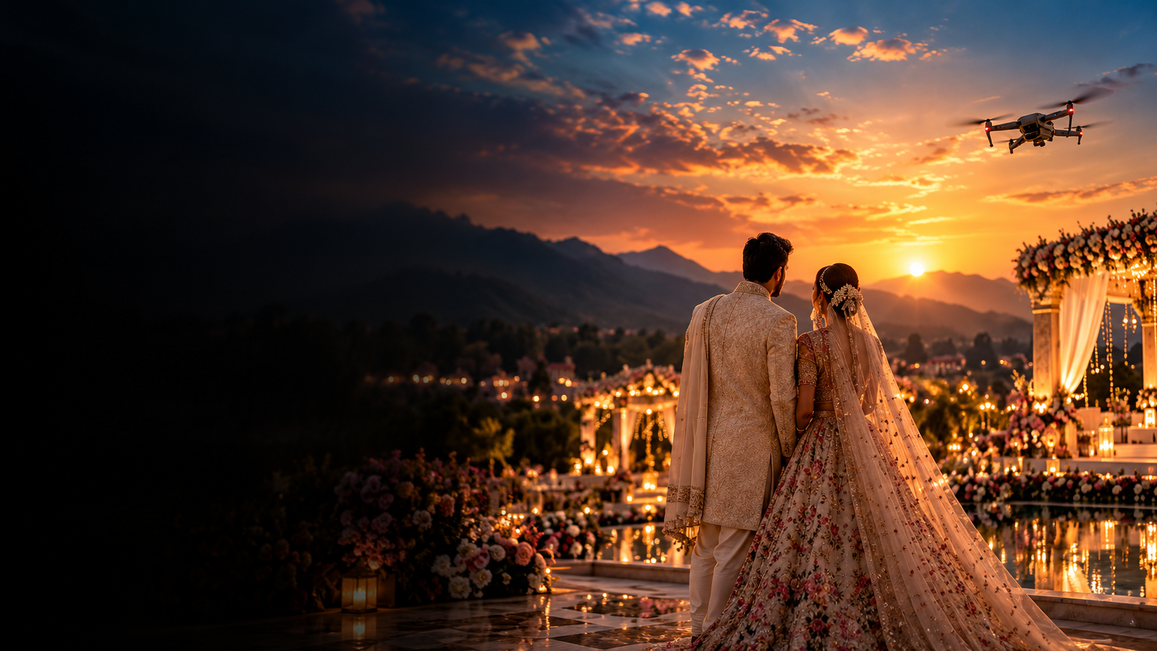 Wedding celebration captured from the ground and from the sky